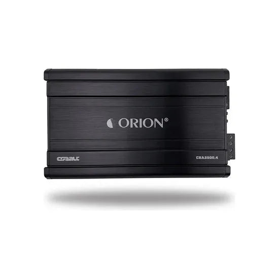 Black Orion 4-channel car amplifier front view with ORION logo and side model code