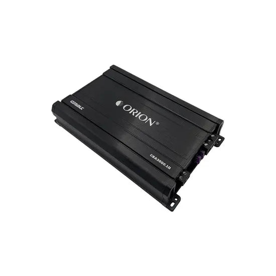 Black Orion monoblock amplifier angled view with ORION logo and side ports