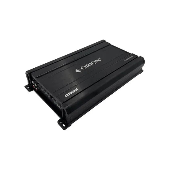 Black Orion car monoblock amplifier angled view with mounting feet