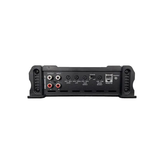 Black Orion car amplifier rear panel with RCA ports and controls