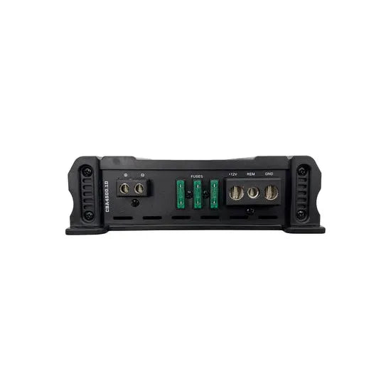 Black Orion car amplifier rear connections with fuse slots and terminals