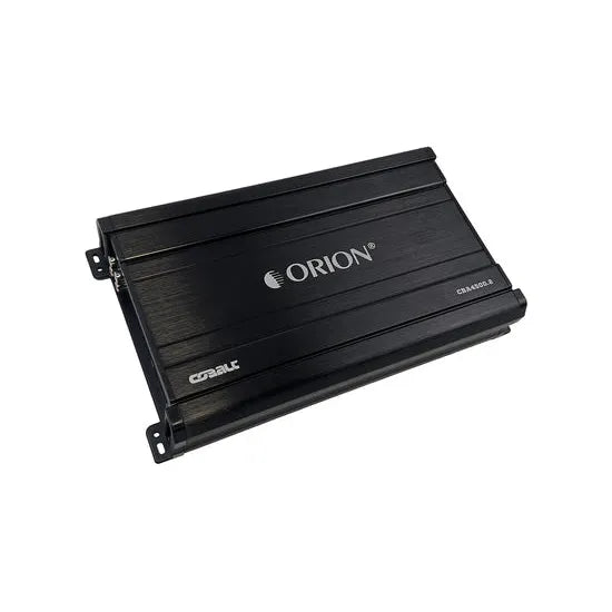 Orion 2-channel car amplifier, black metal chassis with mounting brackets