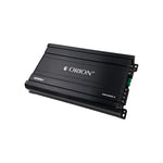Orion 2-channel car amplifier, black metal casing with side logo and ports