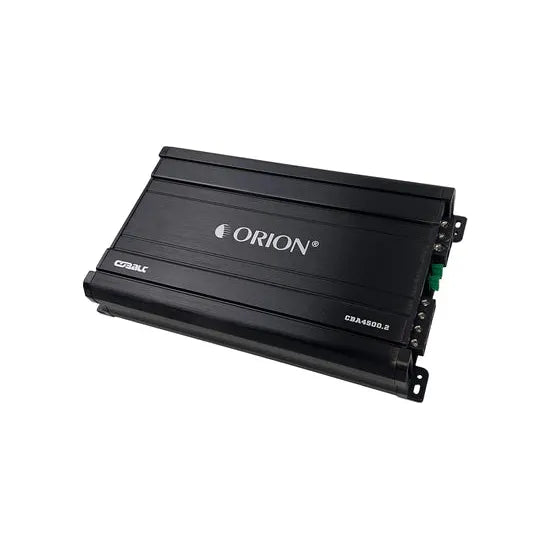 Orion 2-channel car amplifier, black metal casing with side logo and ports