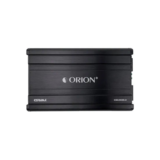 Orion 2-channel car amplifier, front view of black metal chassis