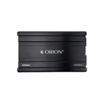 Orion 2-channel car amplifier, front view of black metal chassis