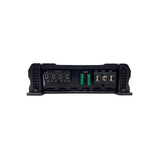 Orion 2-channel car amplifier rear panel with input/output ports and fuse slot