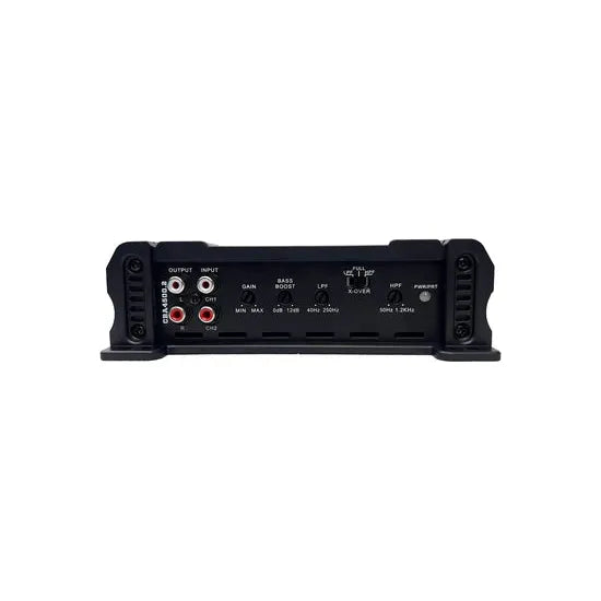 Orion 2-channel car amplifier rear controls with RCA jacks and tuning knobs