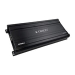 Black Orion 4-channel car amplifier with slatted metal housing and side mounting brackets