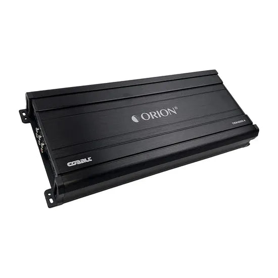 Black Orion 4-channel car amplifier with slatted metal housing and side mounting brackets