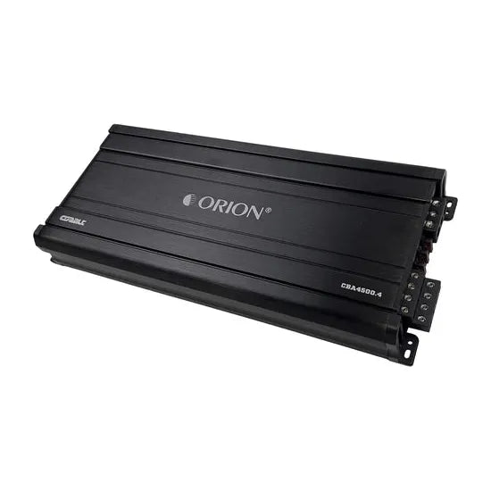 Black Orion 4-channel car amplifier, angled view with front badge and side ports