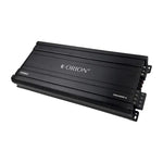Black Orion 4-channel car amplifier, angled view with front badge and side ports