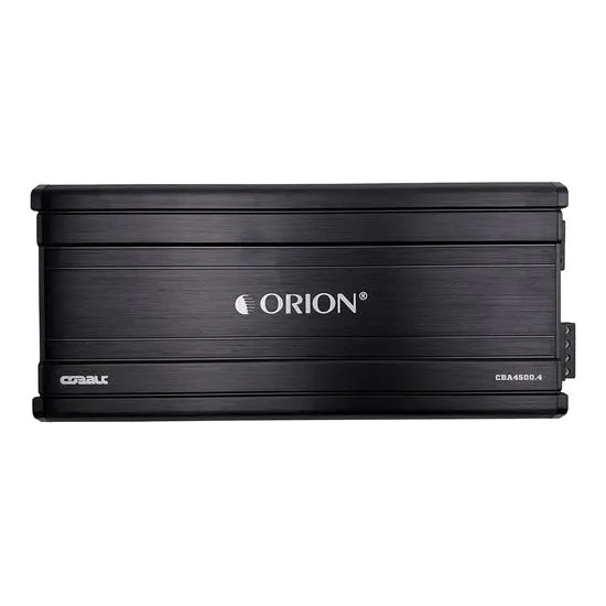 Black Orion 4-channel car amplifier, front view showing ORION logo and end caps