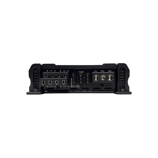 Black Orion 4-channel car amplifier rear panel with wiring terminals and fuse area