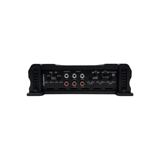 Black Orion 4-channel car amplifier rear controls with RCA inputs and speaker outputs