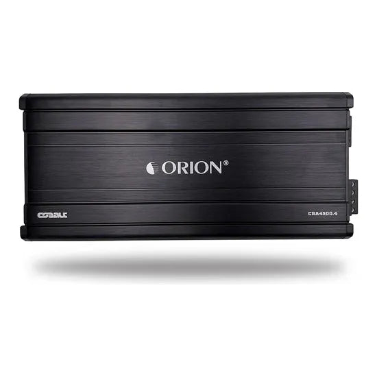 Black Orion 4-channel car amplifier front view with slim profile and ORION logo