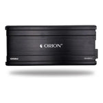 Black Orion 4-channel car amplifier front view with slim profile and ORION logo