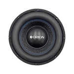 10-inch Orion car subwoofer speaker with black cone and blue accent trim