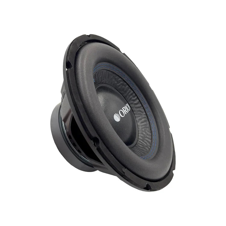Orion 10-inch subwoofer speaker angled view with blue ring on the cone