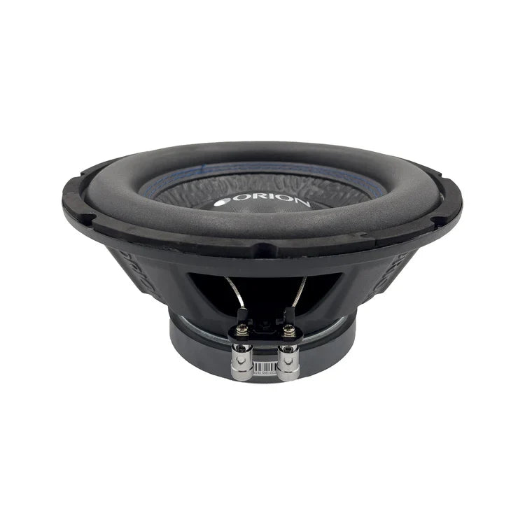 10-inch Orion subwoofer speaker side view with black basket and mounting terminals