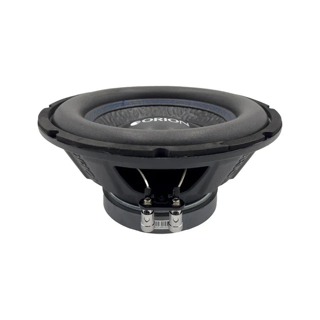 10-inch Orion subwoofer speaker side view with black basket and mounting terminals