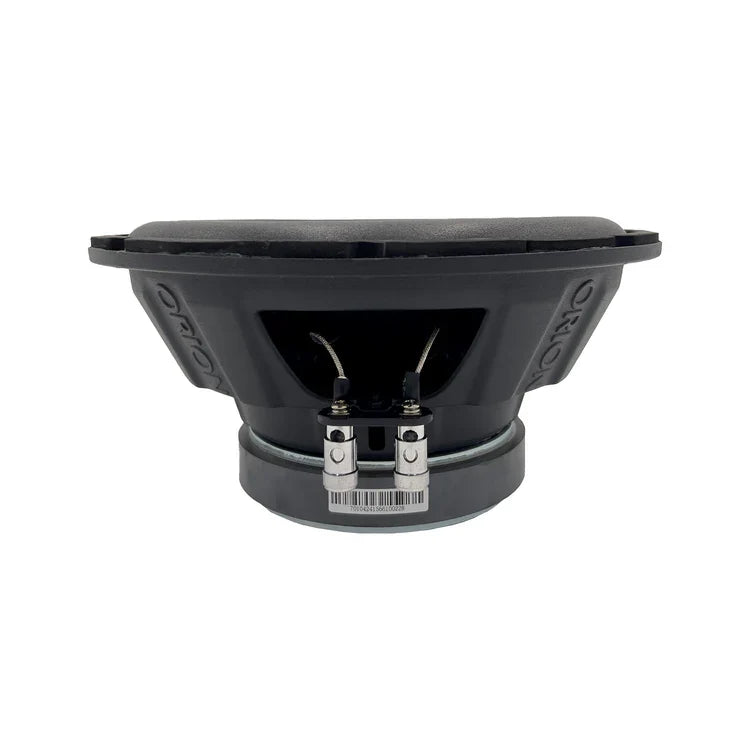 Orion 10-inch subwoofer rear view with visible dual terminals on the frame