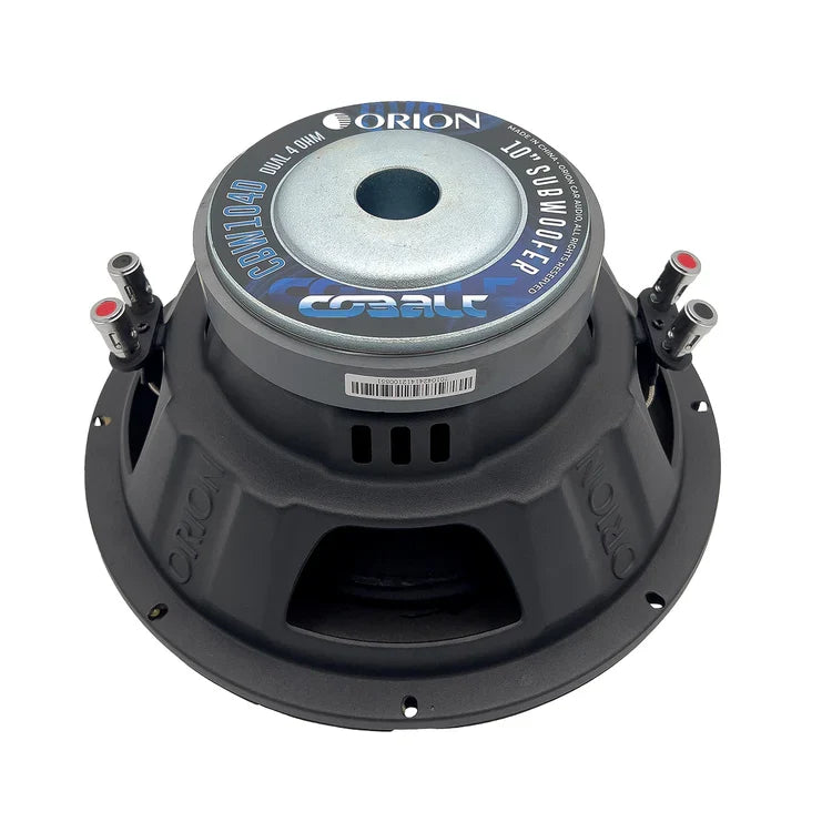 Orion 10-inch subwoofer underside with blue text and printed power rating