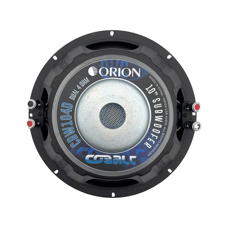 Orion 10-inch subwoofer back plate with blue markings and Dual 4-Ohm text