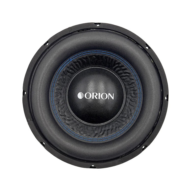 Orion 10-inch car subwoofer speaker with black cone and blue trim ring