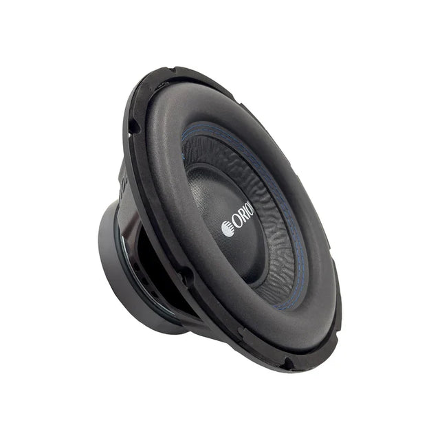 Orion 10-inch car subwoofer speaker, side view of black cone and blue trim