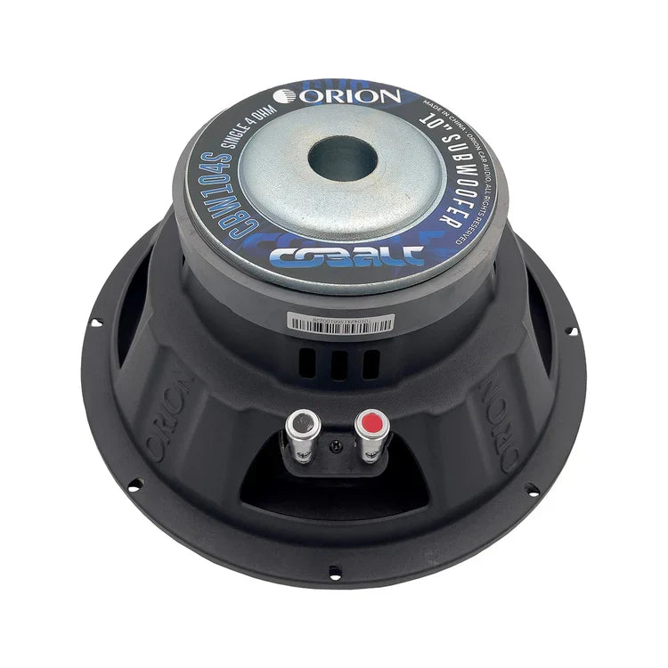 Orion 10-inch subwoofer speaker rear view with silver label and dual terminals