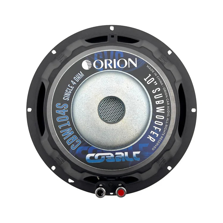 Orion 10-inch subwoofer speaker front view with silver dust cap and black surround