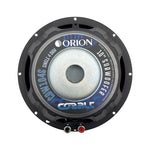 Orion 10-inch subwoofer speaker front view with silver dust cap and black surround