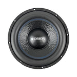 12-inch Orion subwoofer with textured black dust cap and blue edge trim