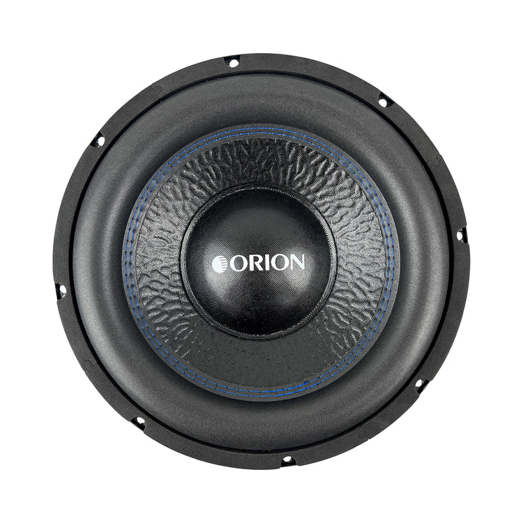 Orion car subwoofer speaker with black cone, blue trim, and ORION logo