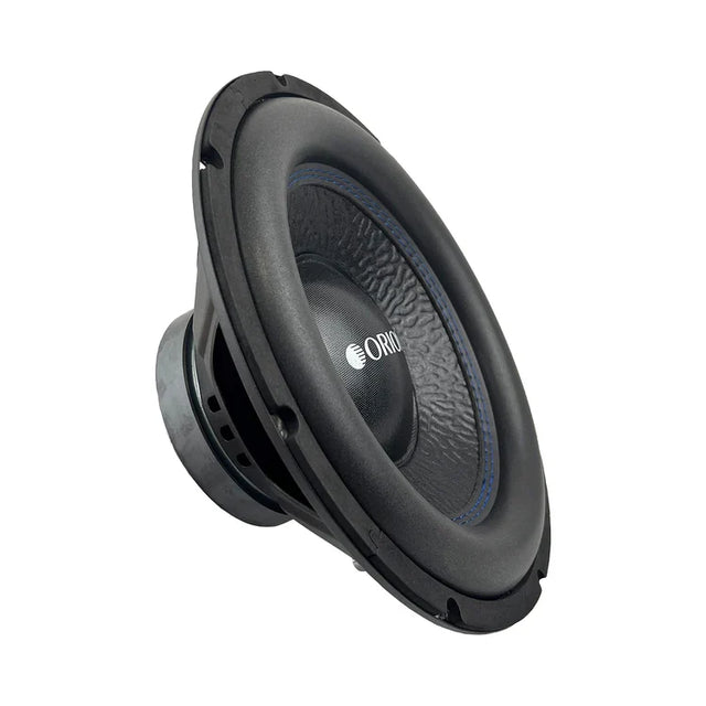 Orion subwoofer speaker angled view with black surround and blue-trim cone