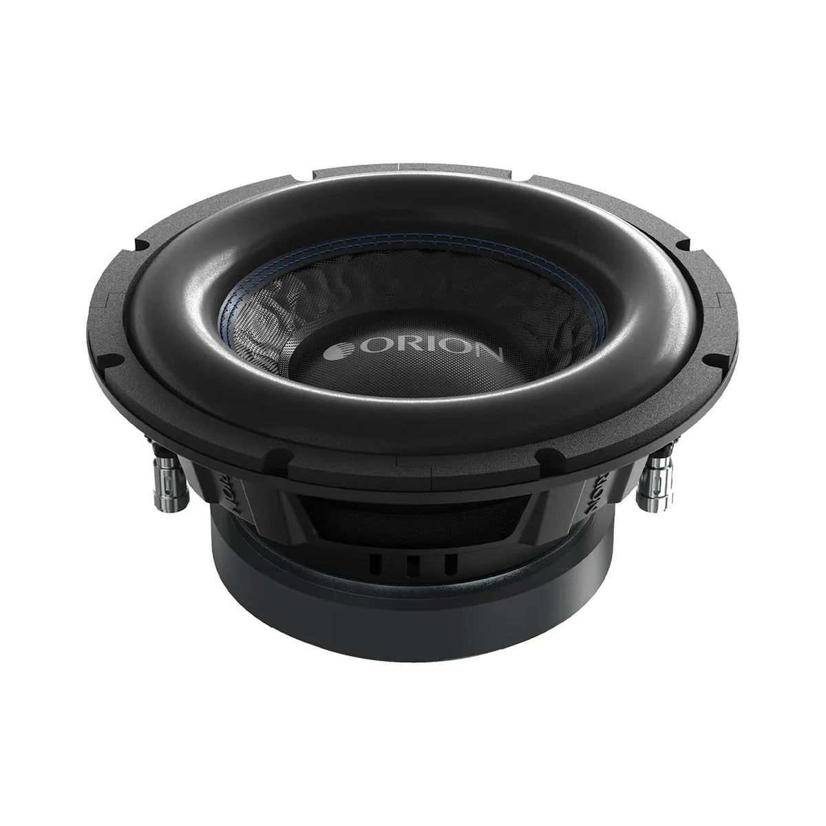 Orion 8-inch subwoofer with blue trim and ORION logo on cone, close top view