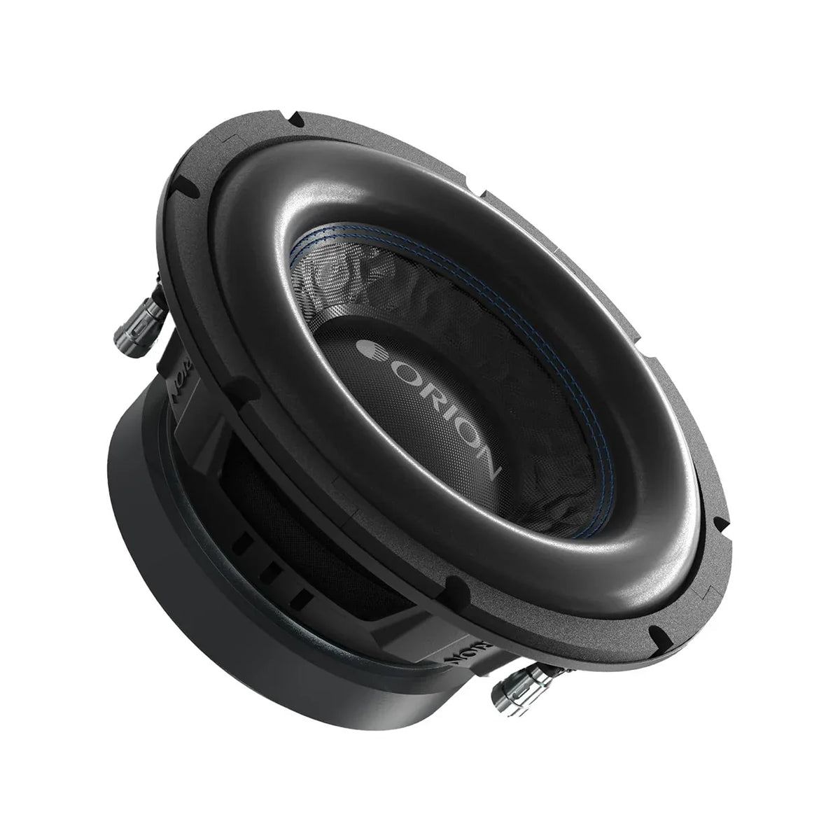 Orion 8-inch subwoofer with black cone, blue ring, and side mounting bracket, angled