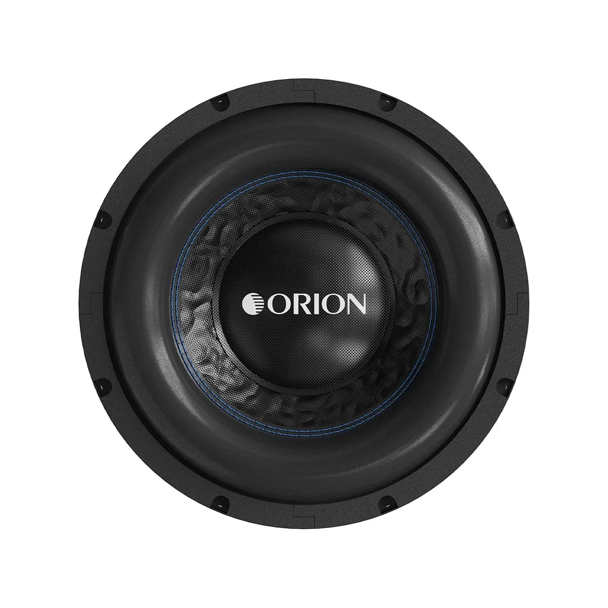 Orion 8-inch subwoofer speaker driver with black cone and blue trim, front view