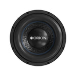 Orion 8-inch subwoofer speaker driver with black cone and blue trim, front view