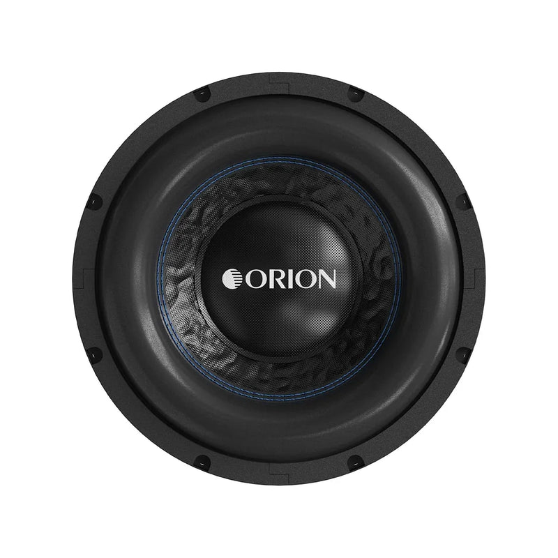 Orion 8-inch subwoofer speaker driver with black cone and blue trim, front view