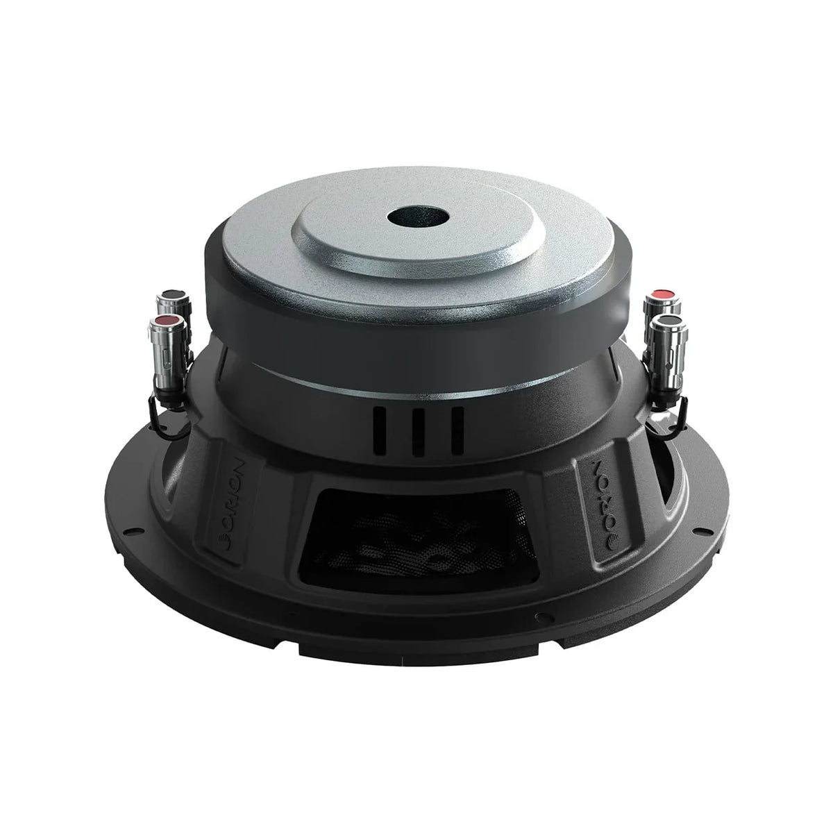 Orion 8-inch subwoofer with metal magnet housing and mounting pins, rear view