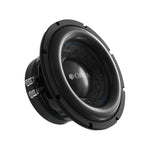 Orion 8-inch subwoofer showing recessed basket and dust cap, blue ring, angled view