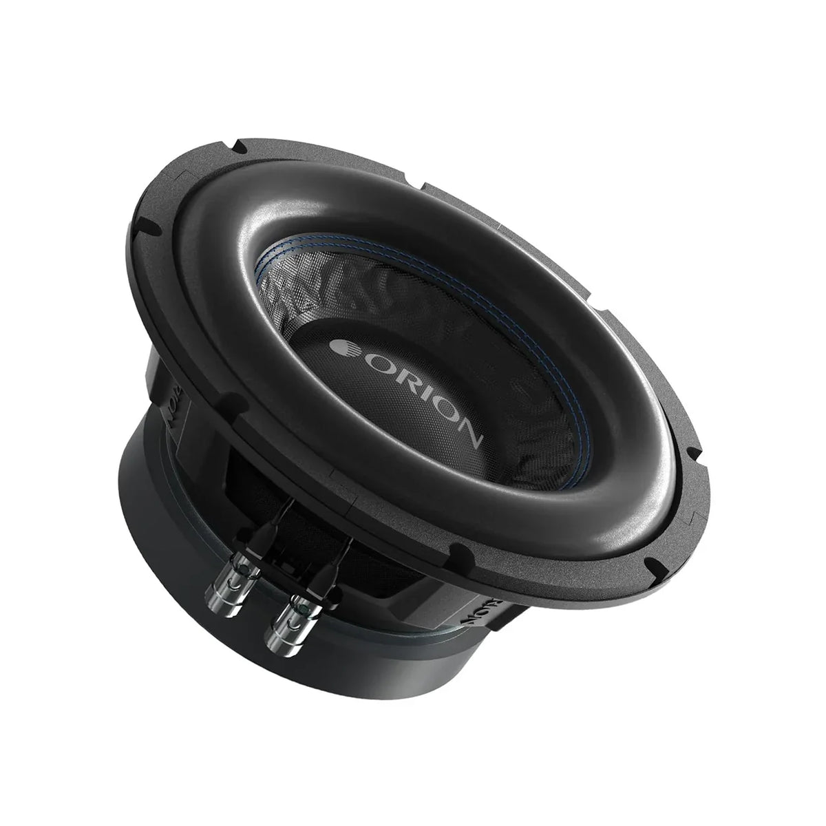 8-inch Orion subwoofer driver angled view, black basket and side input terminals