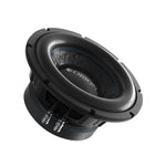8-inch Orion subwoofer driver angled view, black basket and side input terminals