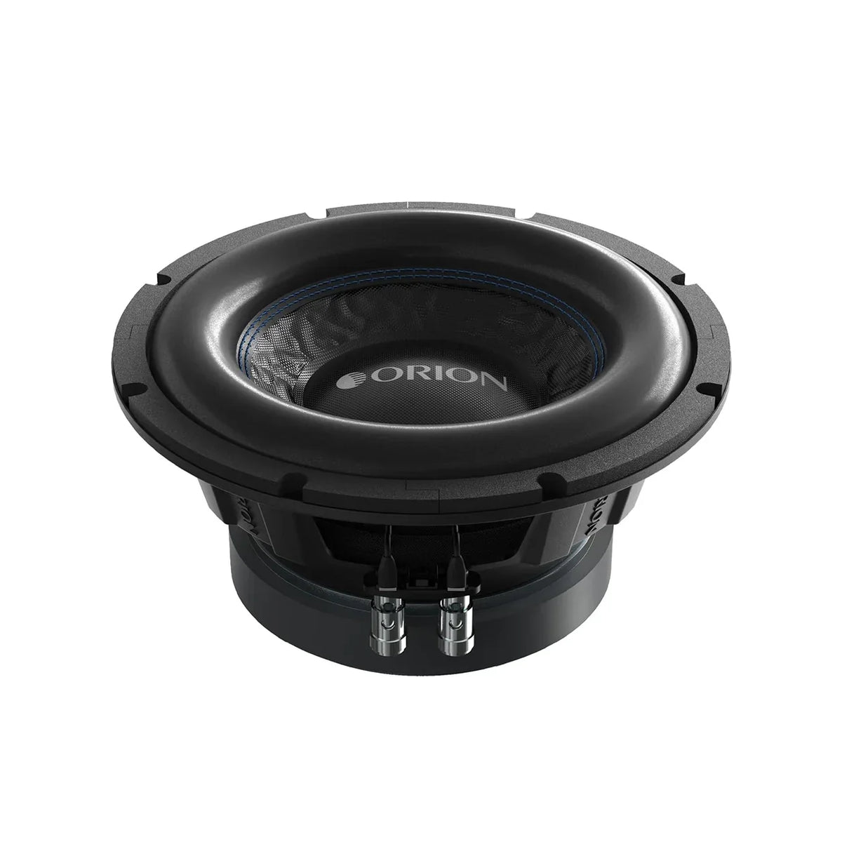 8-inch Orion subwoofer driver front view, silver dust cap and black surround