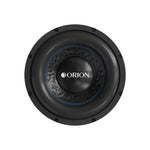 8-inch Orion subwoofer driver, black cone with blue ring and ORION logo center