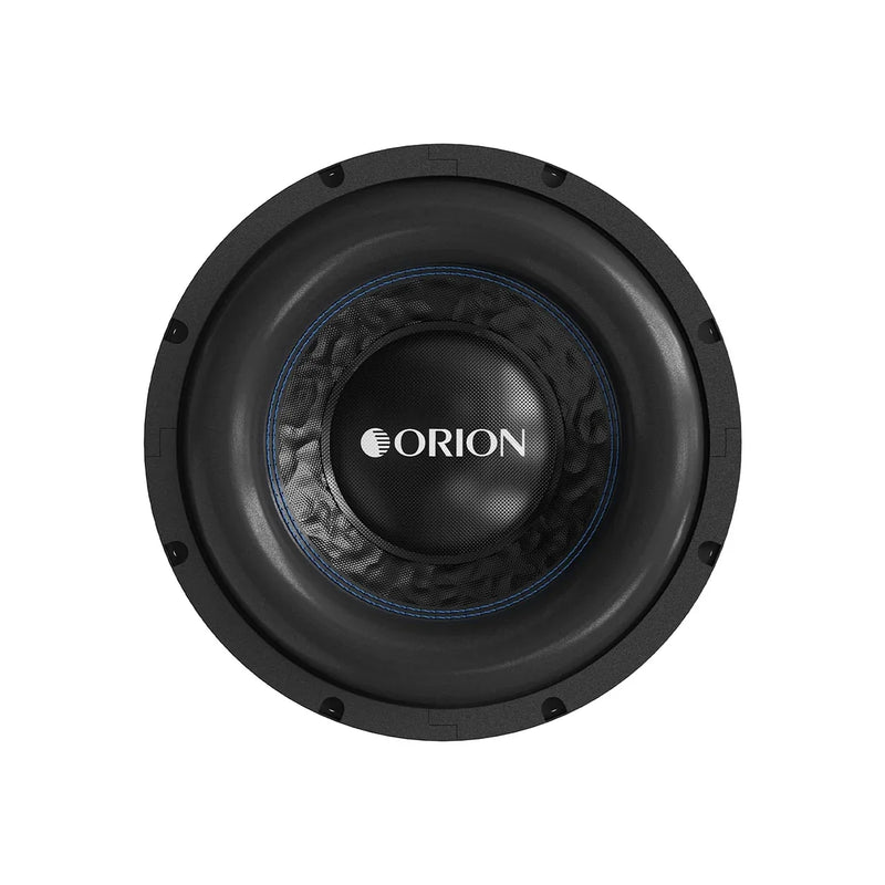 8-inch Orion subwoofer driver, black cone with blue ring and ORION logo center