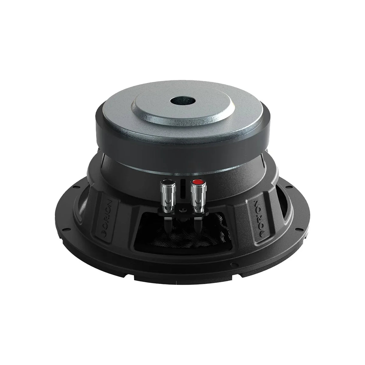 8-inch Orion subwoofer driver rear view, metal terminals and mounting frame