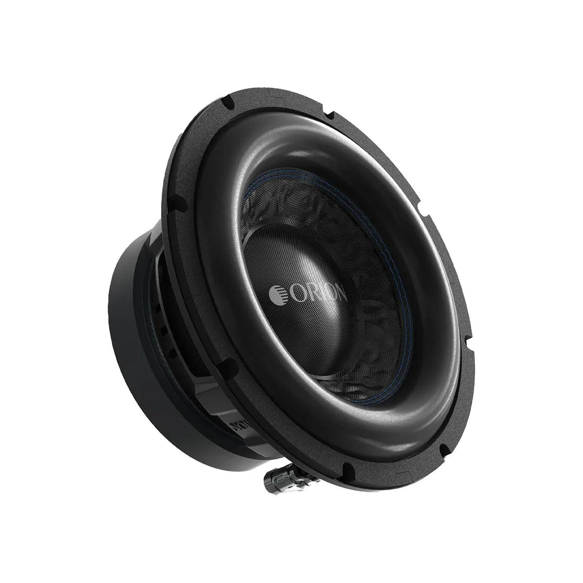 8-inch Orion subwoofer driver angled view, black cone with ORION logo